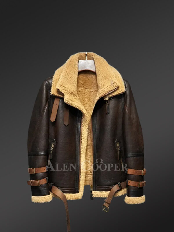 Real Shearling Jacket Men in Coffee Brown with Cognac Belts - Image 4