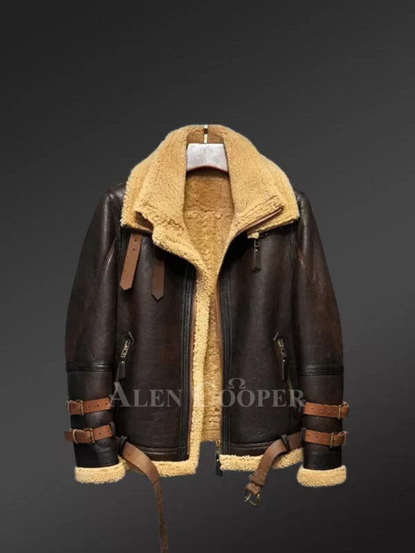 Real Shearling Jacket Men in Coffee Brown with Cognac Belts - Image 4