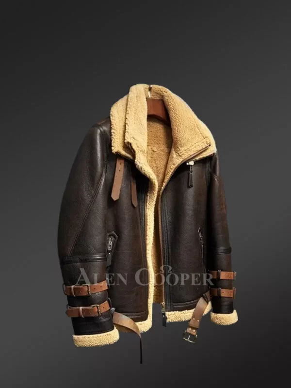 Real Shearling Jacket Men in Coffee Brown with Cognac Belts - Image 3