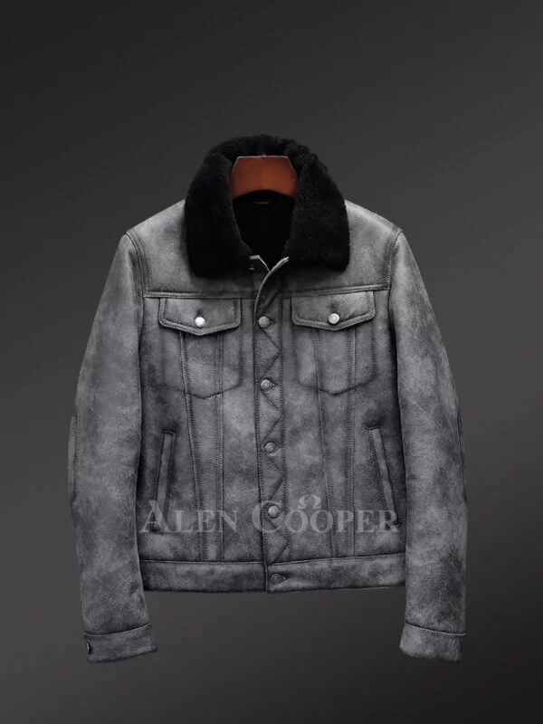 Denim Style Authentic Shearling Jacket for Men - Image 3