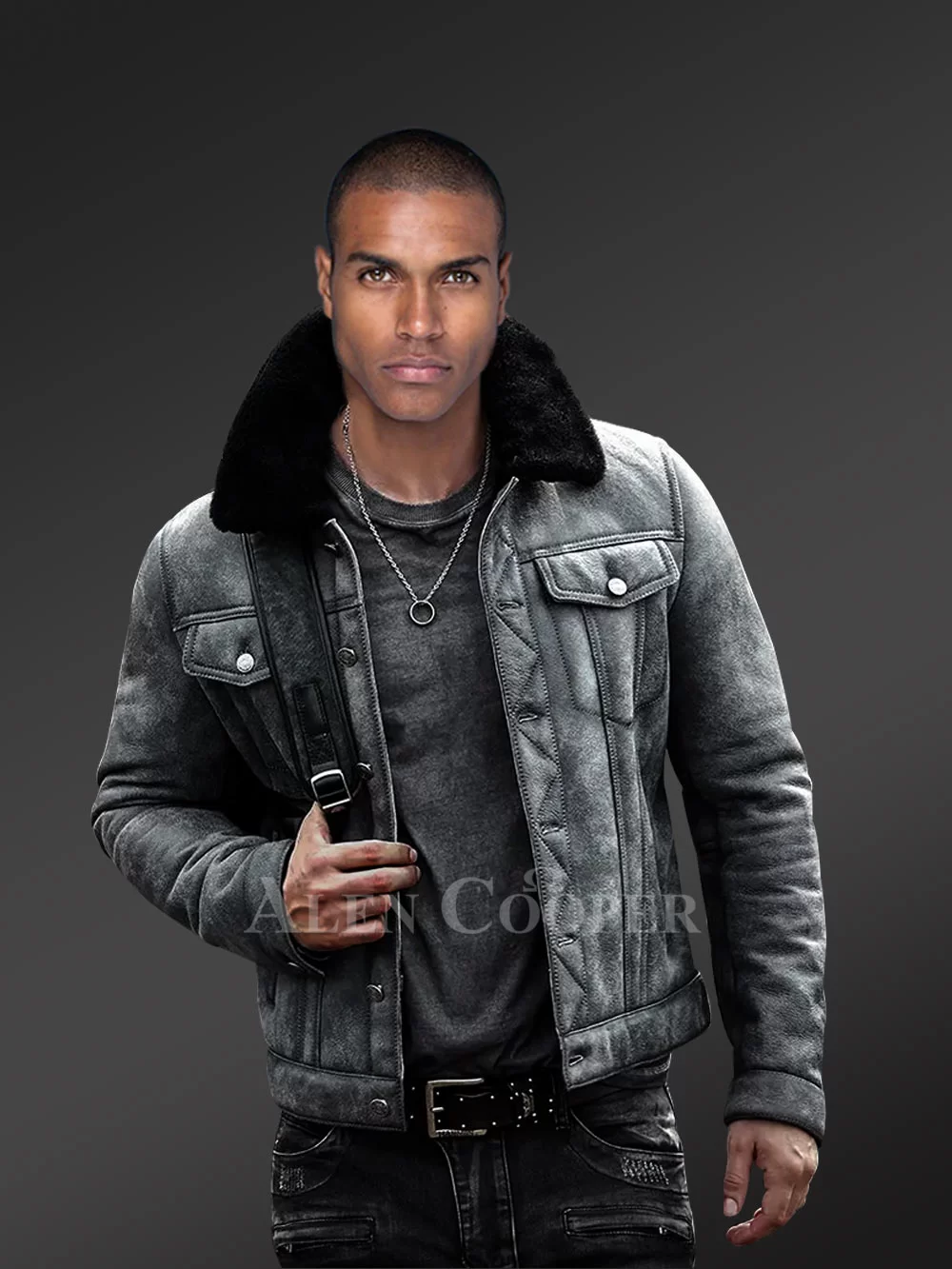 Denim Style Authentic Shearling Jacket for Men