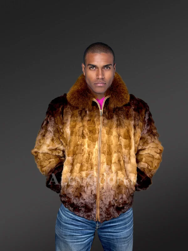 Mink Fur Bomber Jacket with Hood for Men in Golden & Dark Brown Contrast - Image 2