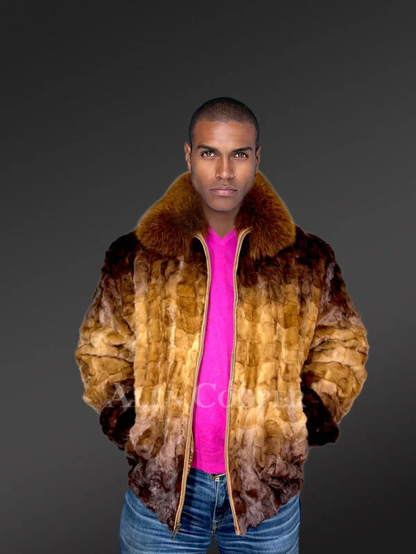 Mink Fur Bomber Jacket with Hood for Men in Golden & Dark Brown Contrast - Image 6