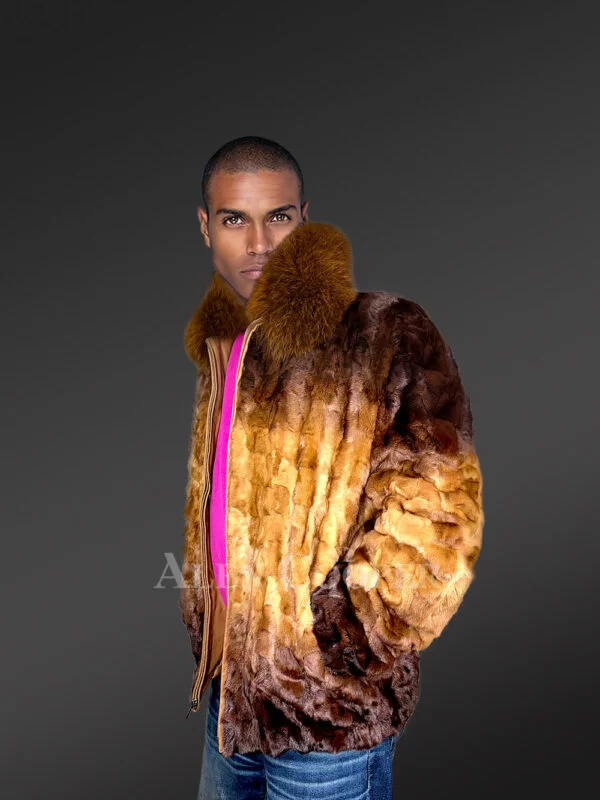 Mink Fur Bomber Jacket with Hood for Men in Golden & Dark Brown Contrast - Image 5