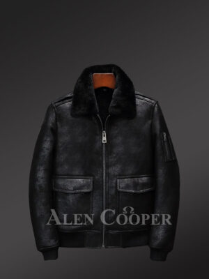 Distressed Black Aviator Style Flight Shearling Jacket