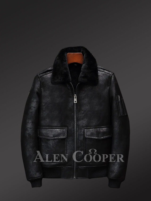Distressed Black Aviator Style Flight Shearling Jacket