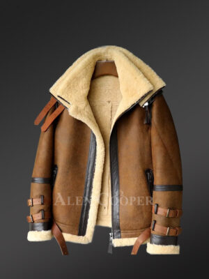 Distressed Brown Zip-Out Collar Shearling Jacket