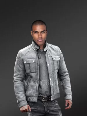 Distressed Grey Shearling Jacket for men