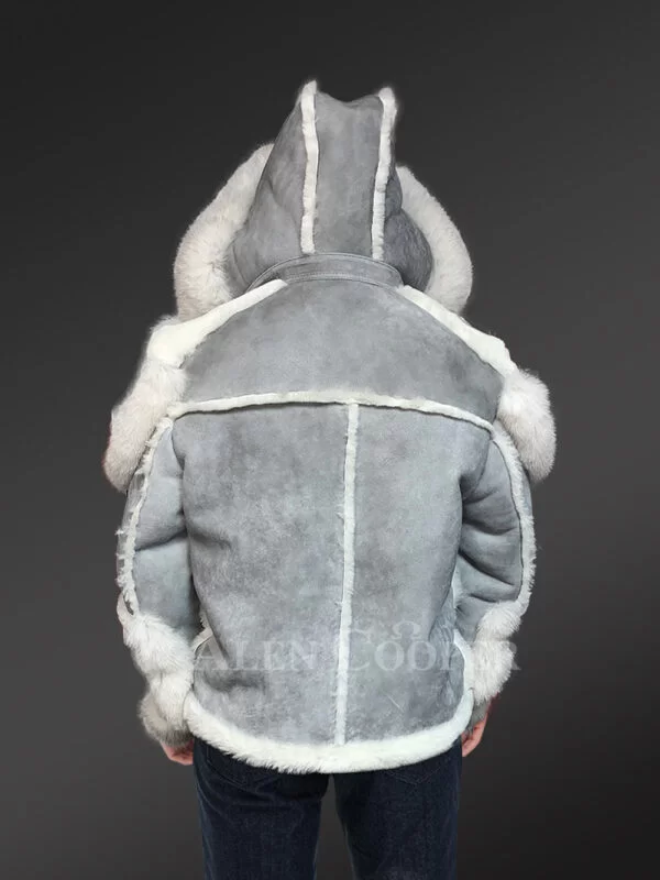 Exclusive Men’s Grey Biker Sheepskin Shearling Jacket Coat - Image 6
