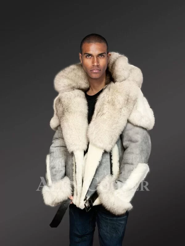 Exclusive Men’s Grey Biker Sheepskin Shearling Jacket Coat - Image 4