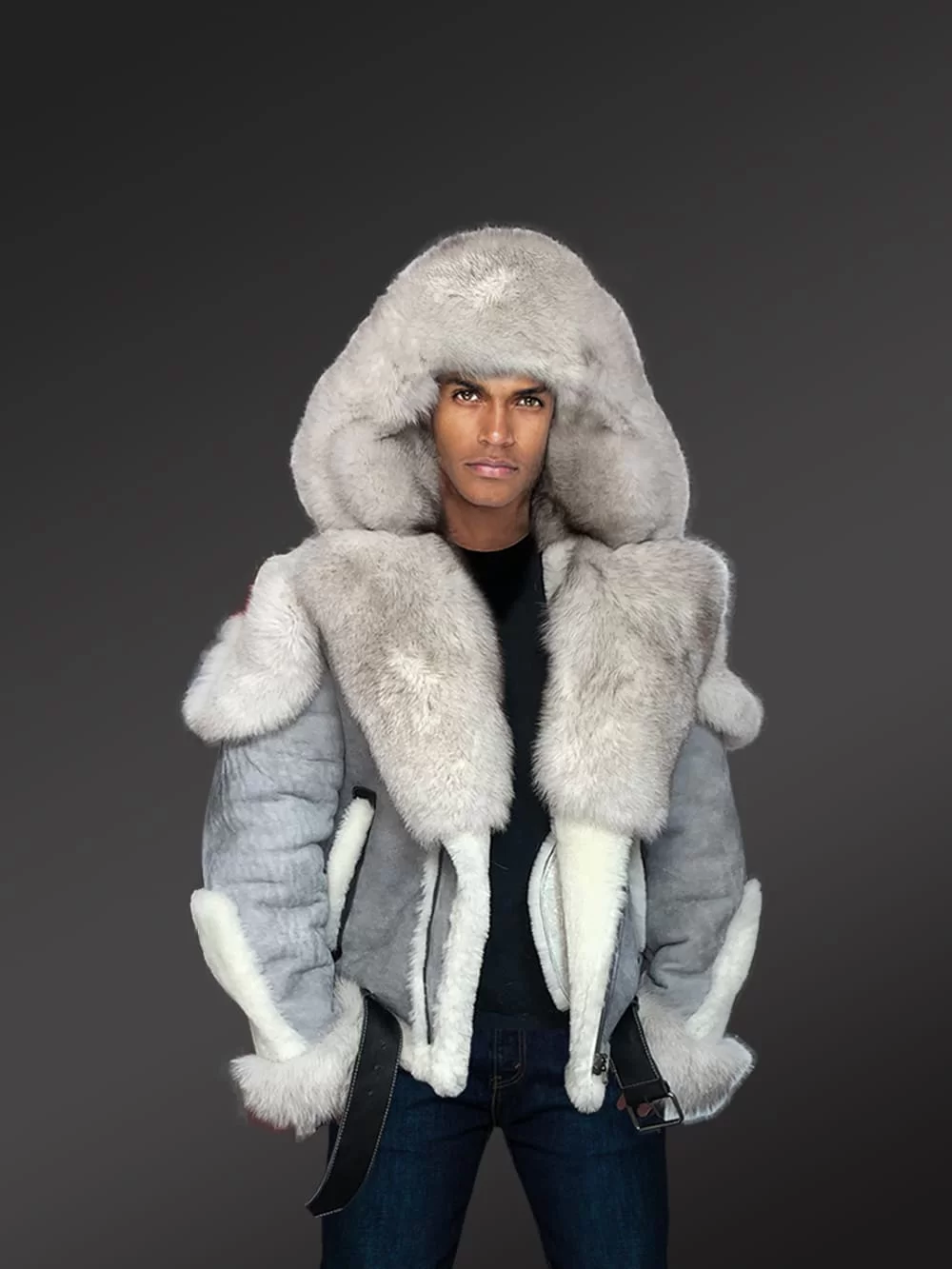 Sheepskin Men Coat in Grey  Shearling Jacket with fox fur