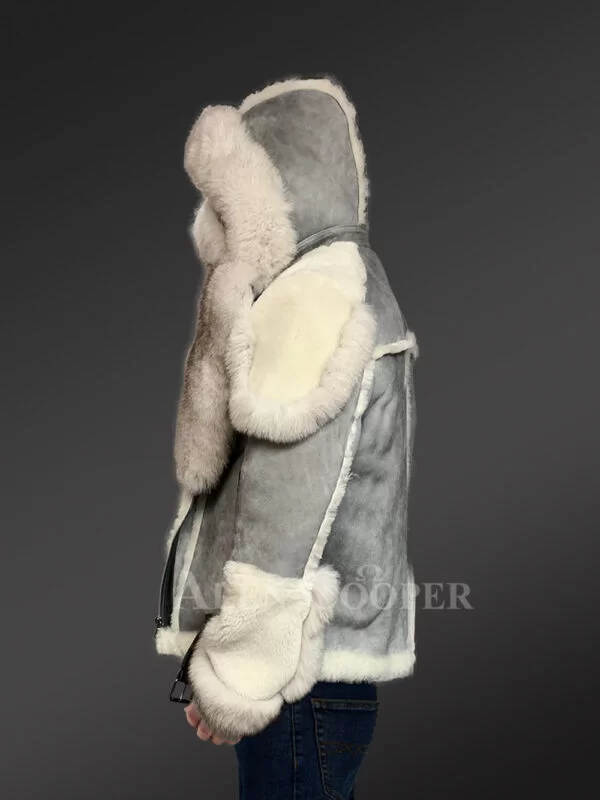 Exclusive Men’s Grey Biker Sheepskin Shearling Jacket Coat - Image 5