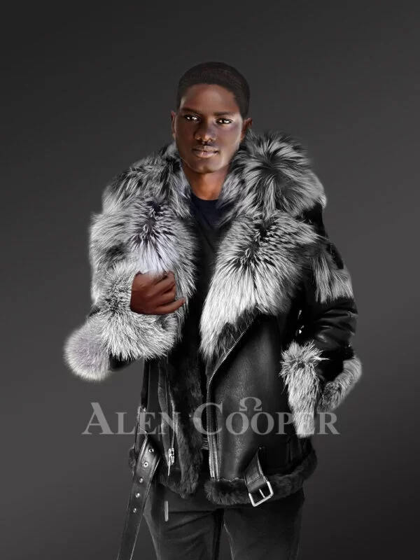 Black Shearling Jackets with Silver Fox Fur for Men - Image 2