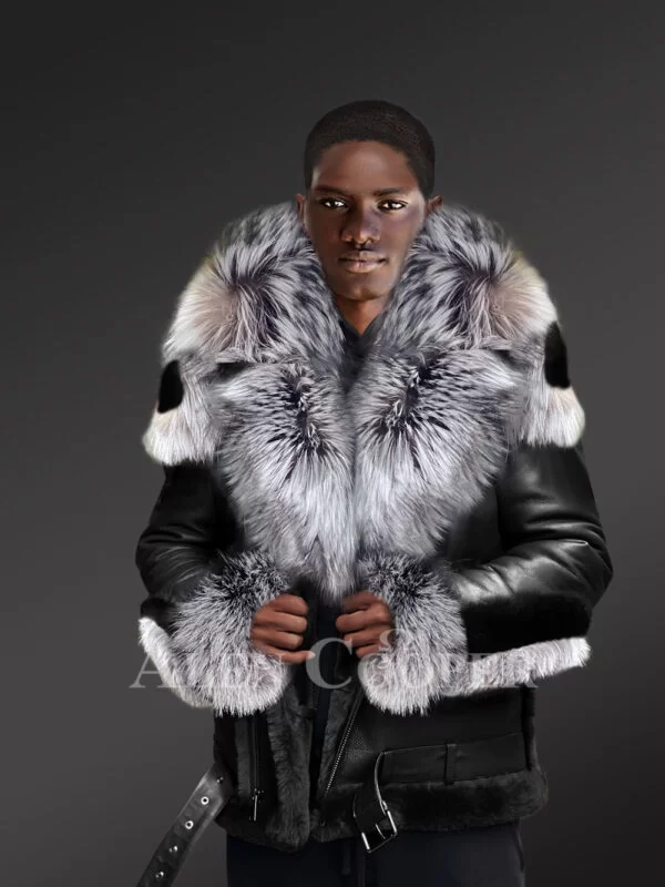 Alen Cooper's Shearling Biker Jacket with Hood Blended With Silver Fox Fur detailed cuffs and hood | Shearling Coat Jackets