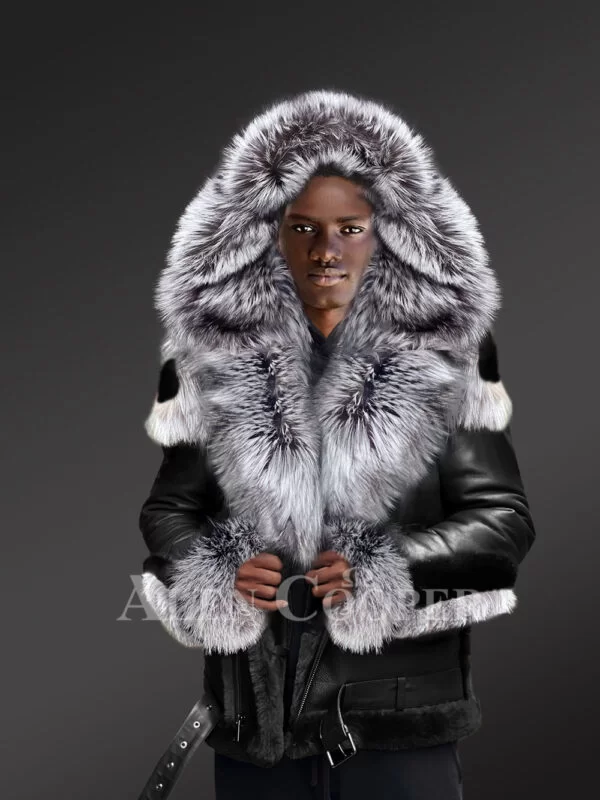 Black Shearling Jackets with Silver Fox Fur for Men - Image 3