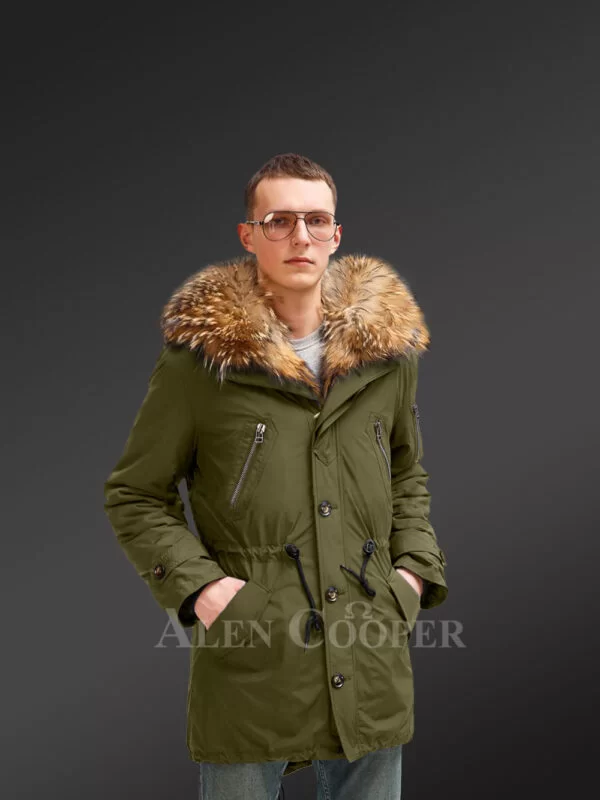 Improve Your Identity with Finn Raccoon Fur Hybrid Green Parka Convertibles for Men with Rabbit Liner - Image 2