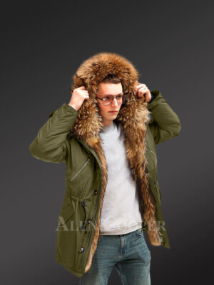 Finn Raccoon Fur Hybrid Green Parka Convertibles For Men