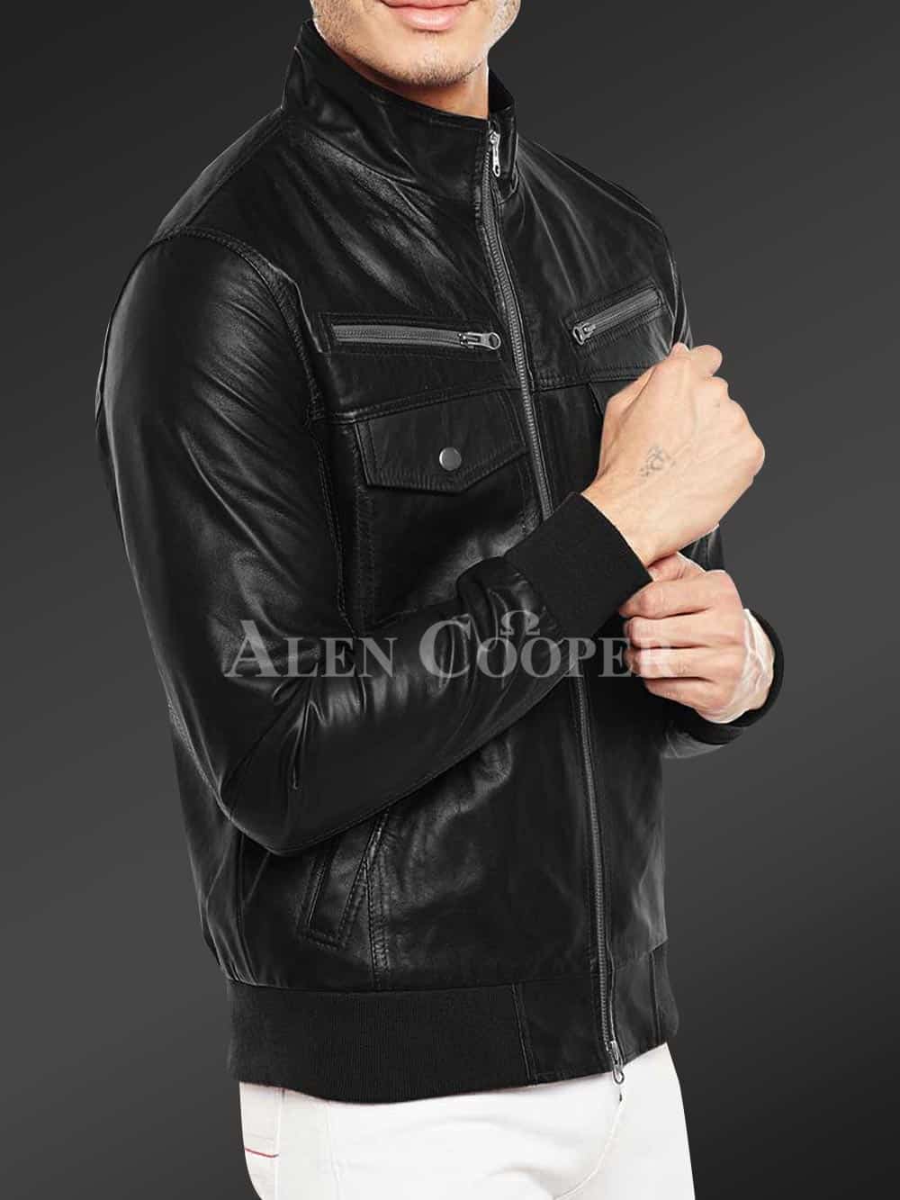 SKY-SELLER Mens Silver Foiled Metallic Biker Leather Jacket