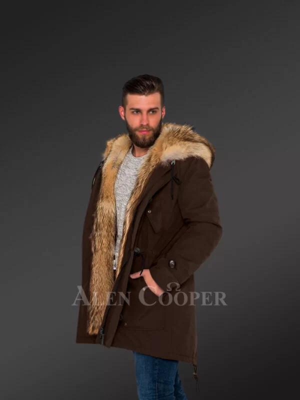 Golden Island Fox Fur Hybrid Coffee Parkas for Manly Style and Elegance with Rabbit Liner - Image 4