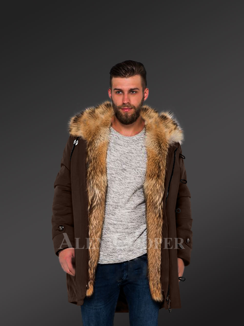 Golden Island Fox Fur Hybrid Coffee Parkas For Manly Style And