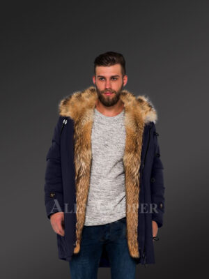 Golden Island Fox Fur Hybrid Navy Parkas For Men With Rabbit Liner