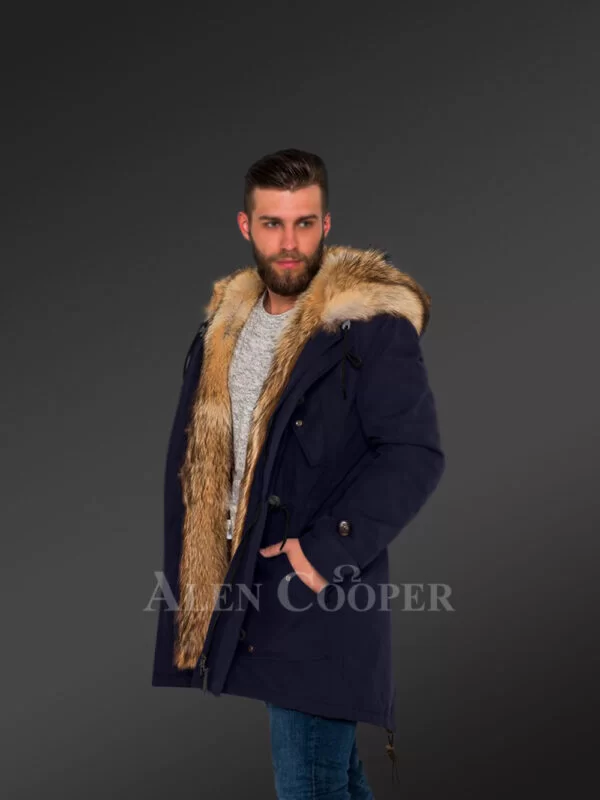 Masculine and Stylish Golden Island Fox Fur Hybrid Navy Parkas for Men with Rabbit Liner - Image 4
