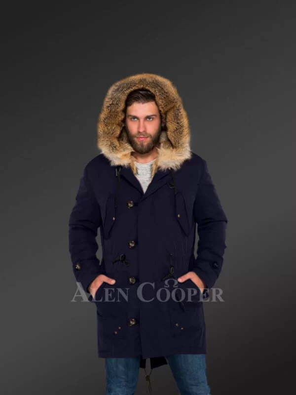 Masculine and Stylish Golden Island Fox Fur Hybrid Navy Parkas for Men with Rabbit Liner - Image 3