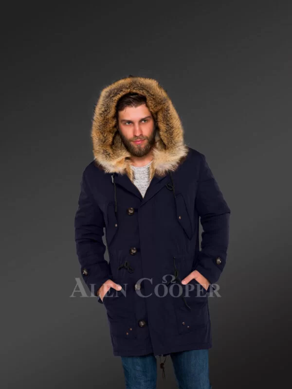Masculine and Stylish Golden Island Fox Fur Hybrid Navy Parkas for Men with Rabbit Liner - Image 2