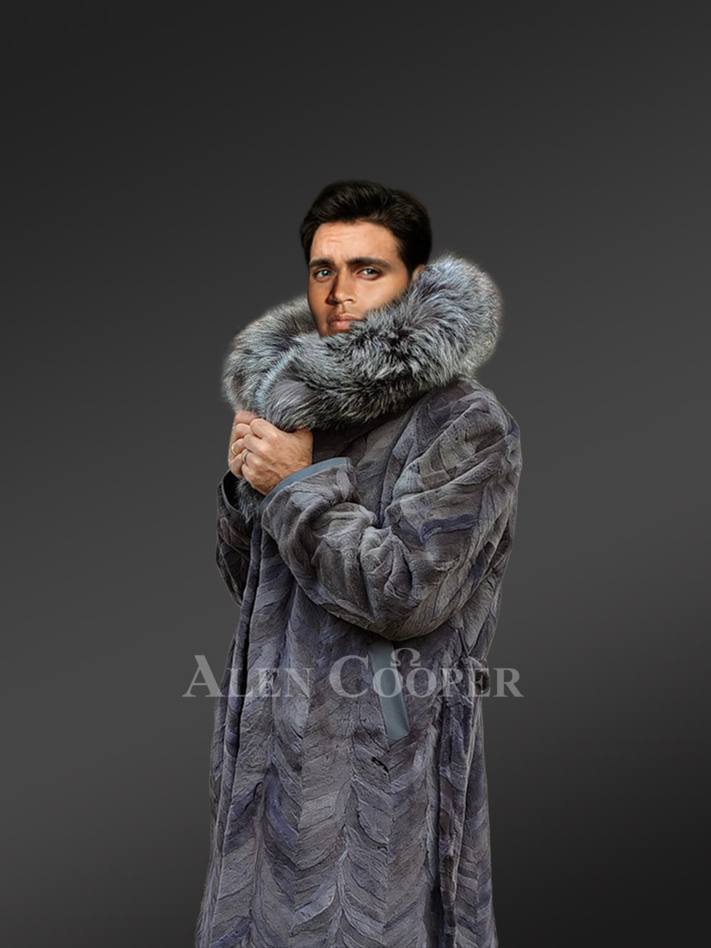 Mink Fur Long Coat with Silver Fox Collar and Back Vent - Image 5