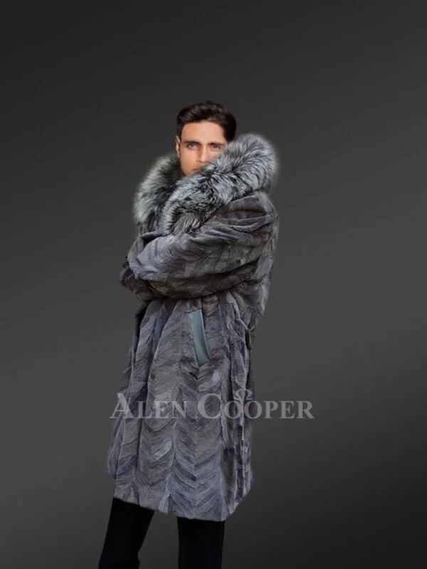 Mink Fur Long Coat with Silver Fox Collar and Back Vent - Image 3