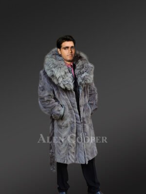 Mink Fur Long Coat with Silver Fox Collar and Back Vent