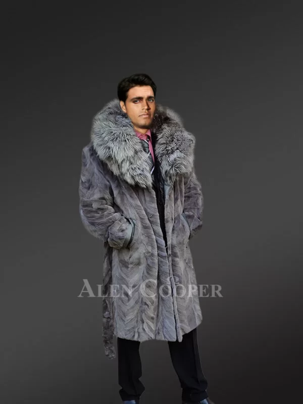 Mink Fur Long Coat with Silver Fox Collar and Back Vent - Image 6