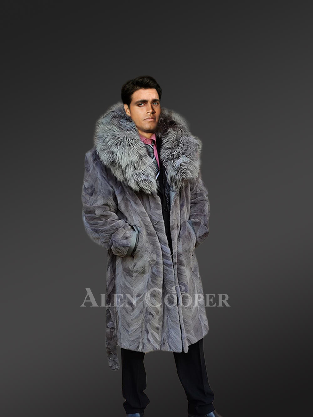Mink Fur Long Coat with Silver Fox Collar and Back Vent - Image 6