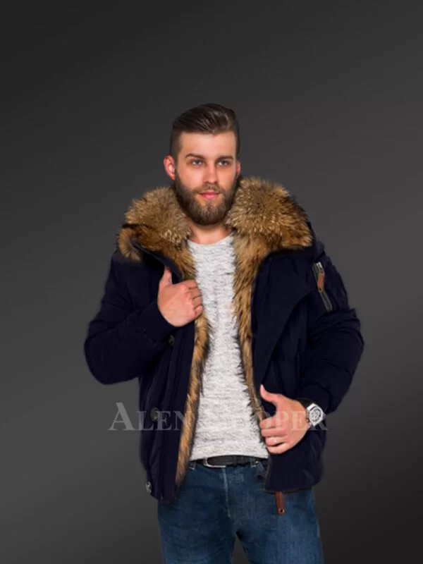 Hybrid Finn Raccoon Fur Navy Parka for Men with Rabbit Liner