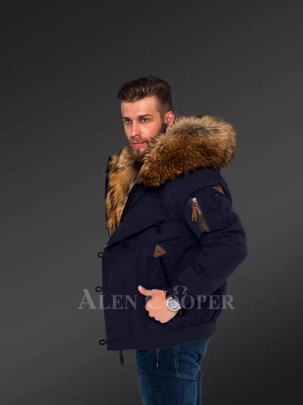 Tastefully Crafted Hybrid Finn Raccoon Fur Navy Parka for Men with Rabbit Liner - Image 4