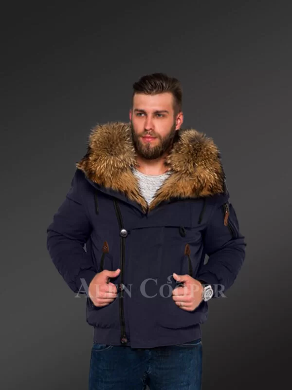 Tastefully Crafted Hybrid Finn Raccoon Fur Navy Parka for Men with Rabbit Liner - Image 3