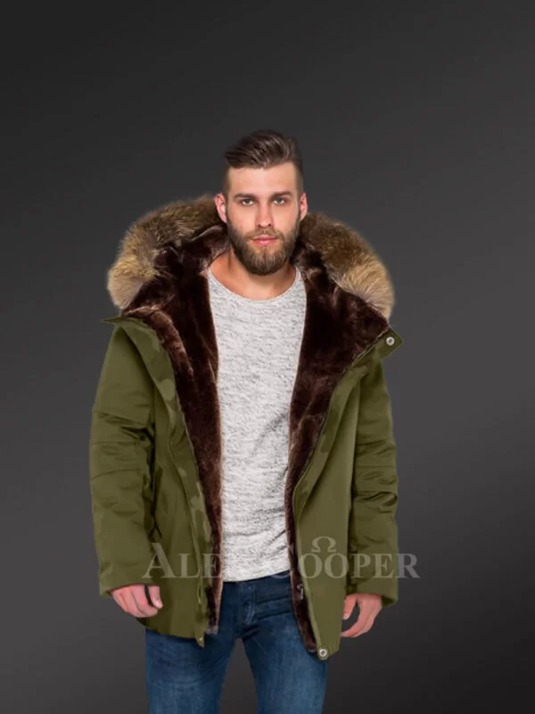 Hybrid Green Finn Raccoon Fur Parka Convertibles To Make Men