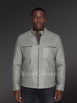 Leather Biker Jacket with Band Collar