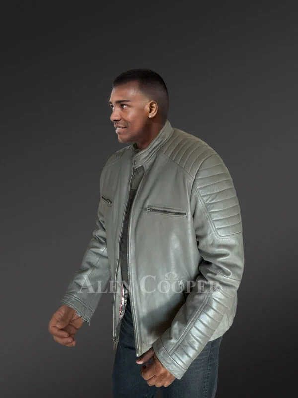 Leather Biker Jacket with Band Collar - Image 3