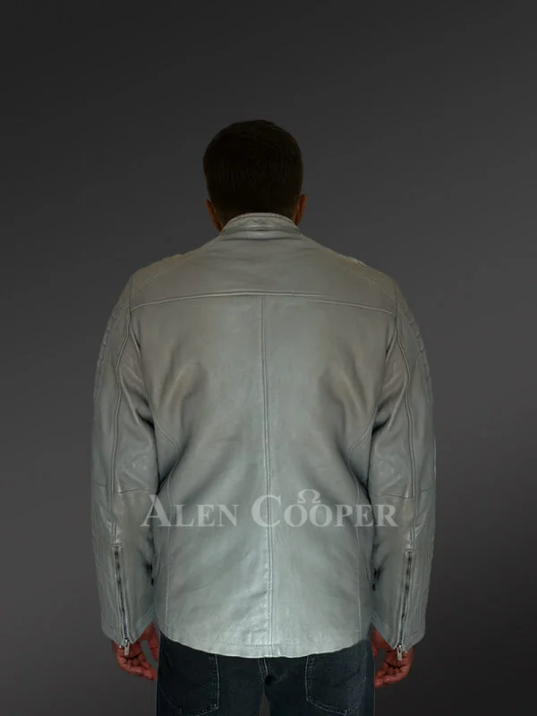 Leather Biker Jacket with Band Collar - Image 4