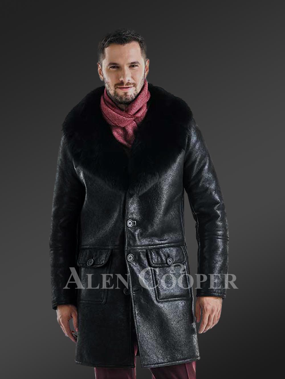 Long and stylish classic cut merino lamb fur lined leather coat for men