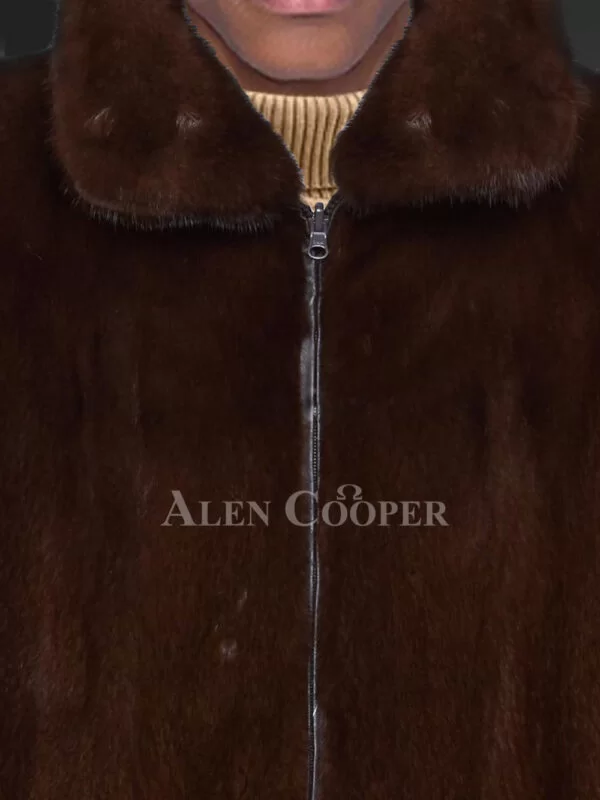 Men’s Mahogany Brown Reversible Real Full Skin Mink Fur Straight Warm Winter Coat - Image 6