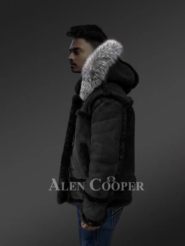 Black Shearling B-3 Bomber Jacket With Hood - Image 6