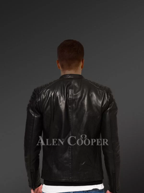 Classy Coal-Black Collarless Real Leather Sturdy Winter Jacket for Men - Image 2