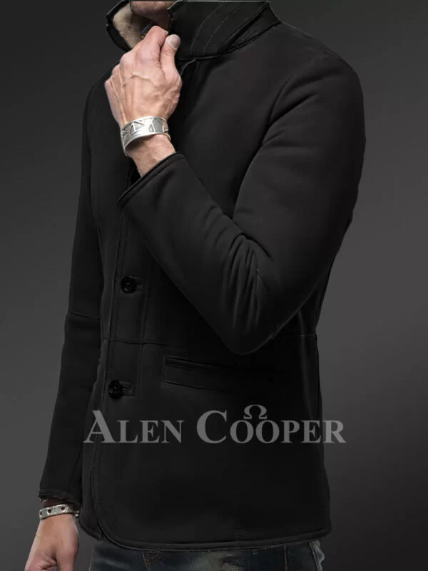 Suede Finish Blazer Style Black Premium Shearling Jacket - Image 5