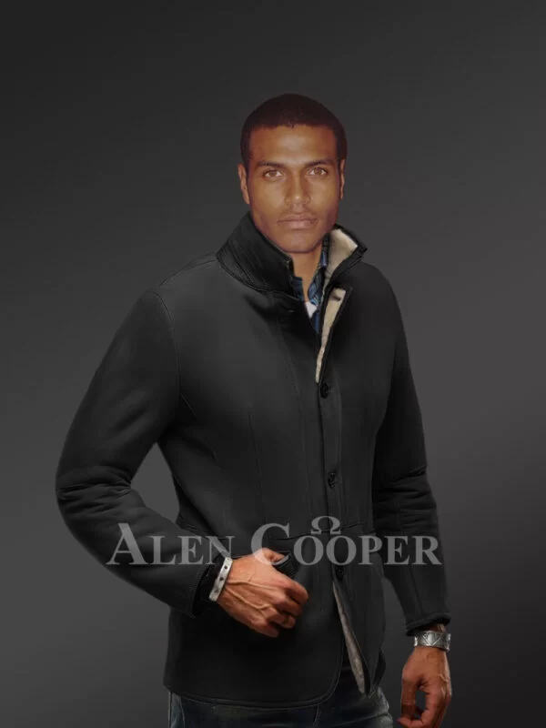Suede Finish Blazer Style Black Premium Shearling Jacket - Image 3