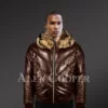 Men’s 100% real leather coffee v bomber winter jacket with raccoon fur collar model