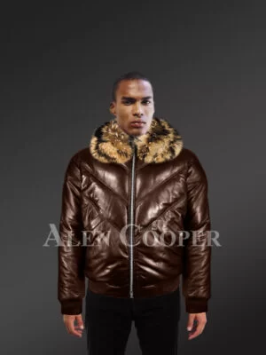 Men’s 100% real leather coffee v bomber winter jacket with raccoon fur collar model