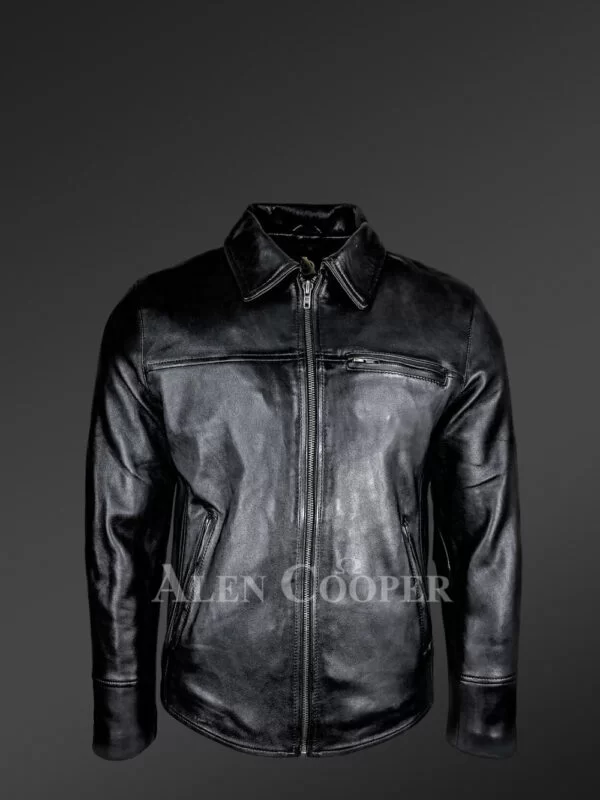 Men’s Black Leather Jacket With Regular Shirt Collar