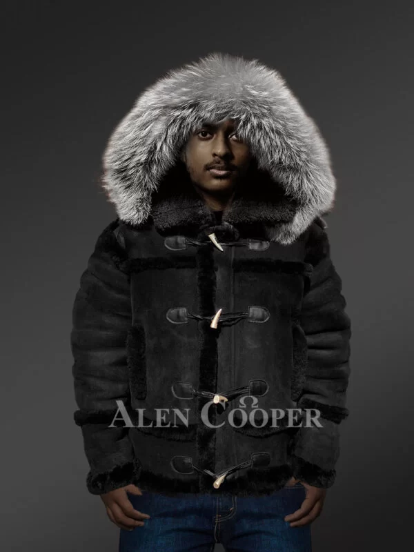 Black Shearling B-3 Bomber Jacket With Hood - Image 4